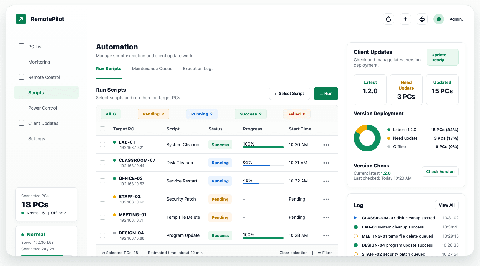 RemotePilot automation screen showing script execution and client update status