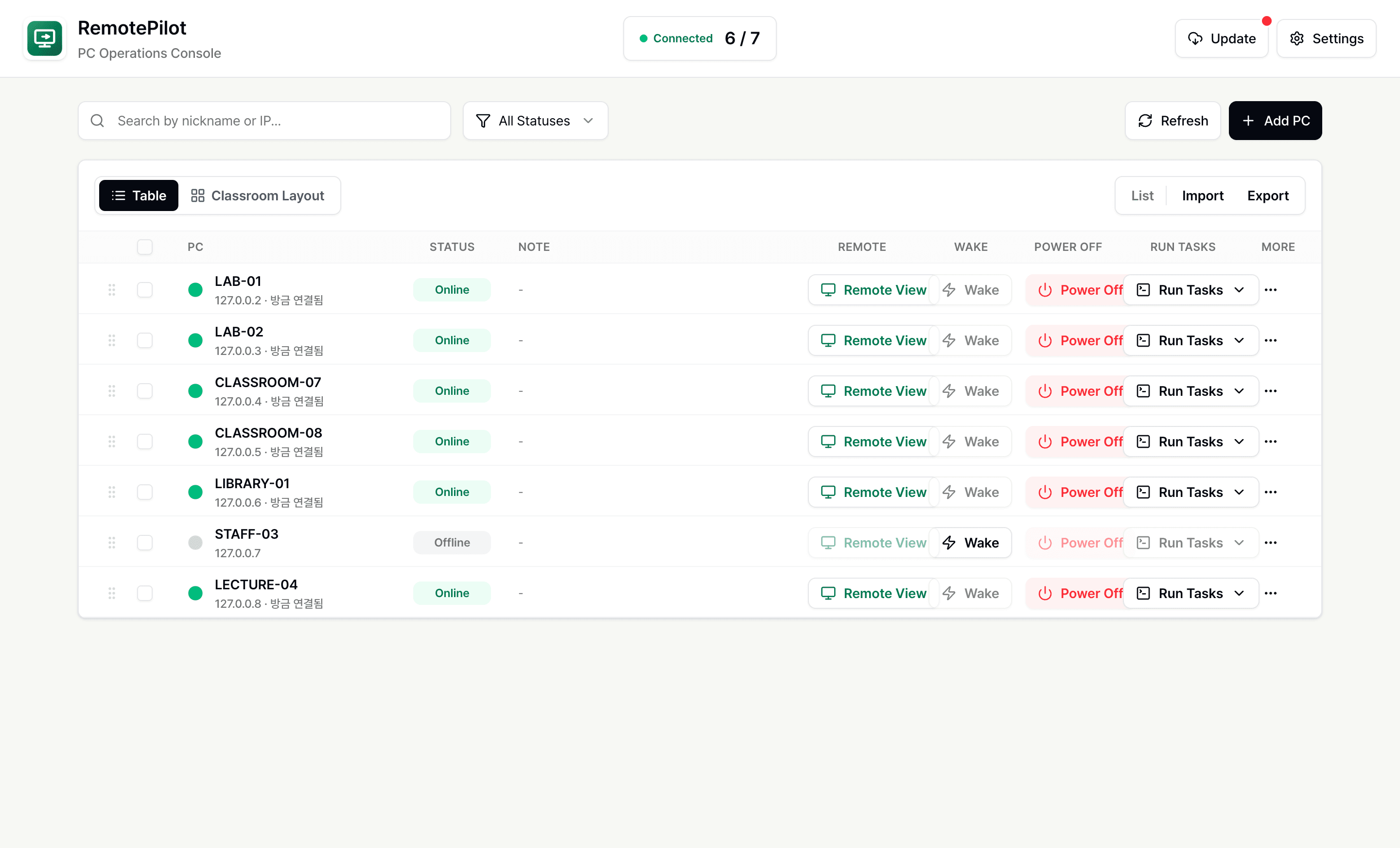 RemotePilot admin console showing registered PCs and a remote session panel